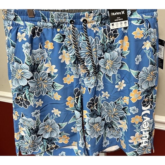 New $50 Hurley Palmettos Volley Swim Shorts Mens Blue Floral Lined Large - Picture 1 of 10